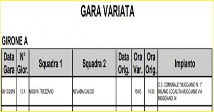 Variazione gara 12^ di campionato